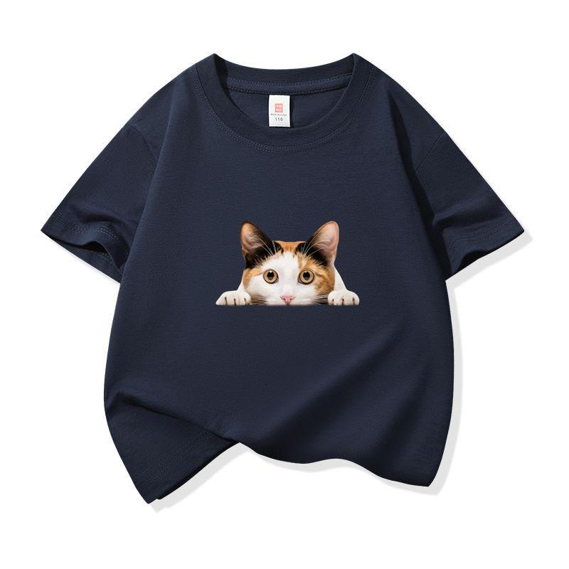 Kids Cotton T Shirt Peeking Calico Cat Graphic Print Crew Neck Short Sleeve Tee Casual Breathable Boys Girls Summer Tops