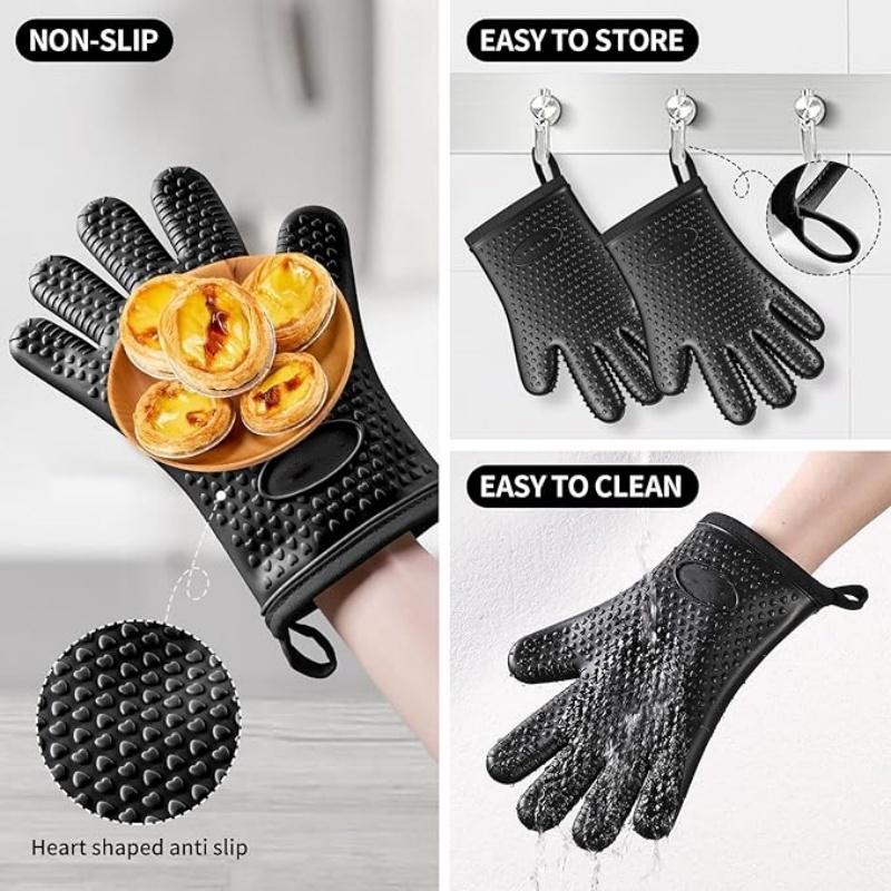 Heat Resistant Silicone Oven Mitts Cotton Lined Cooking Gloves Waterproof Non-Slip Kitchen Gloves for BBQ Grilling Baking Smoker