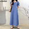 VONDA Women Elegant Round Neck Short Sleeve Ruffled H Line Casual Long Dress