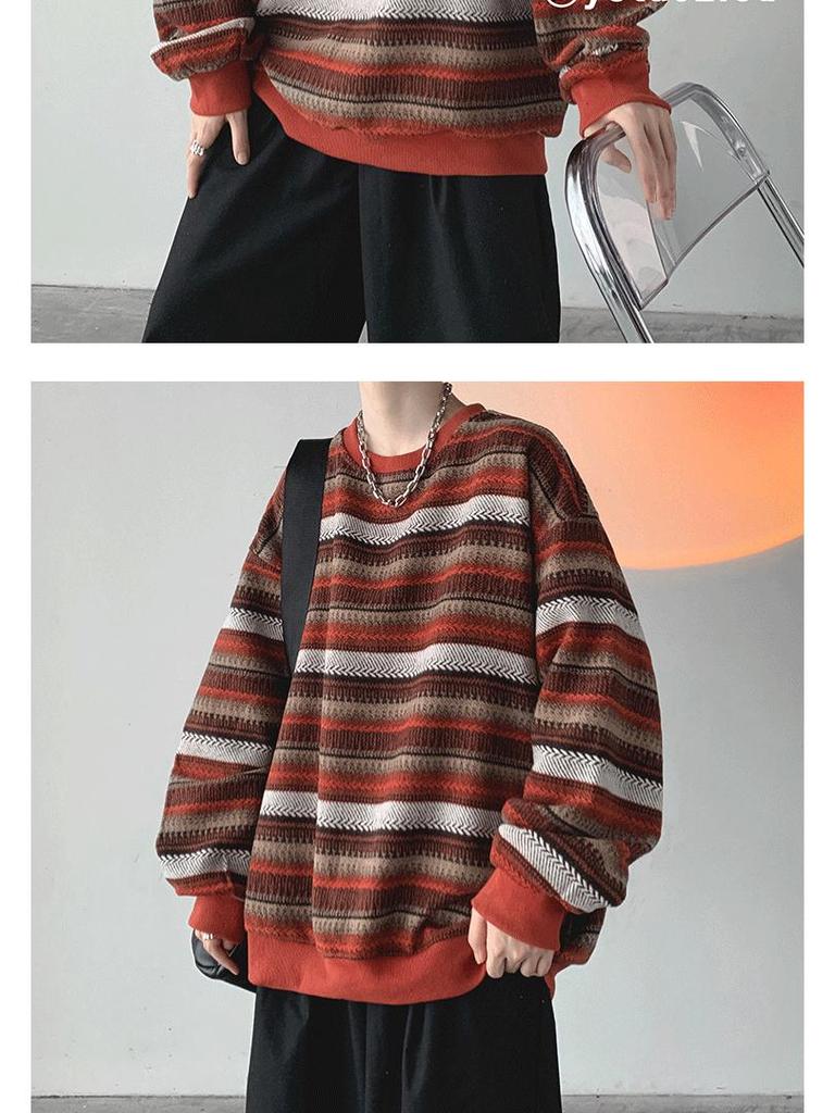 Men's Retro Striped Sweatshirt - Spring Trend Loose Fit, Round Neck, Korean Lazy Style Pullover