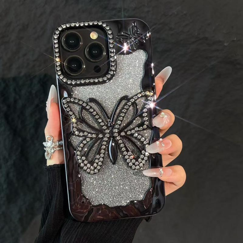 Soft Butterfly Diamond Phone Case For iPhone 11 12 13 14 15 16 17 Pro Max Plus Air Glitter Bumper Back Cases Cover