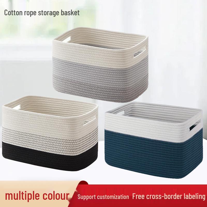 Large Capacity Cotton Rope Rectangular Woven Storage Basket for Desktop and Laundry