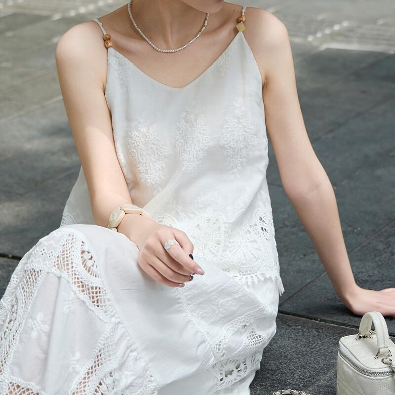 Lanser 100% Ramie New Chinese Style U-Neck Camisole with Lace Trim