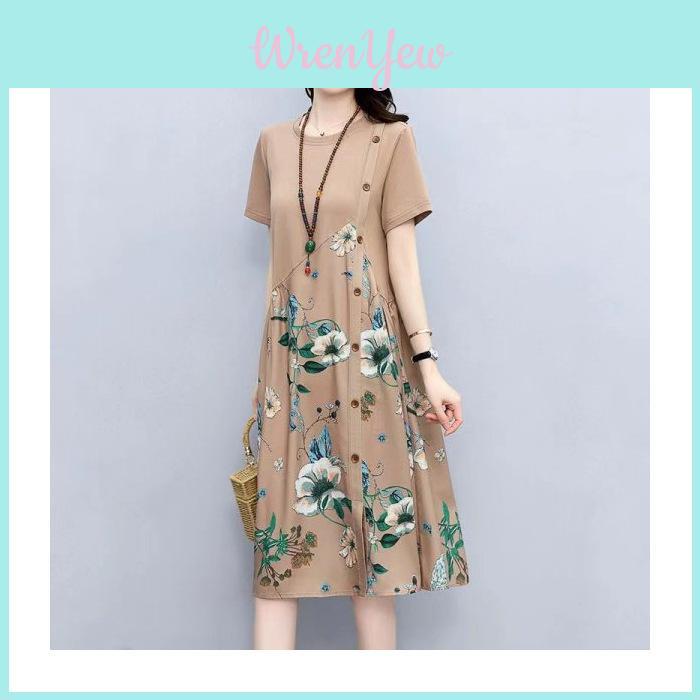 Vintage Floral Print A Line Dress With Button Front For Ladies Summer Casual Wear