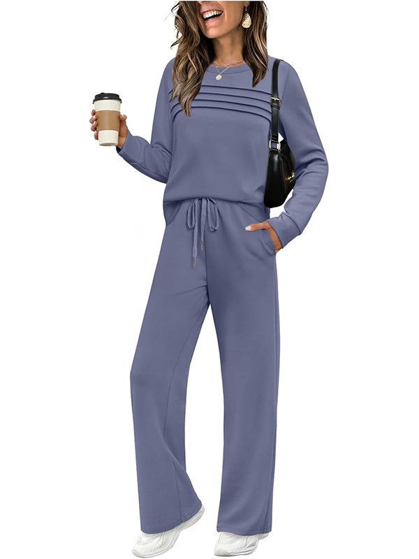 2025 New Women's Autumn/Winter Set: Long Sleeve Round Neck Top & Elastic Waist Wide Leg Trousers