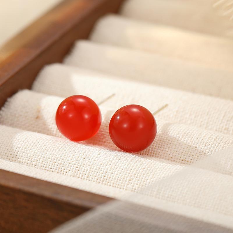 Banyan Tree Silver Red Agate Women's Earrings: Simple, Versatile, Round Beads, Retro High-End Design