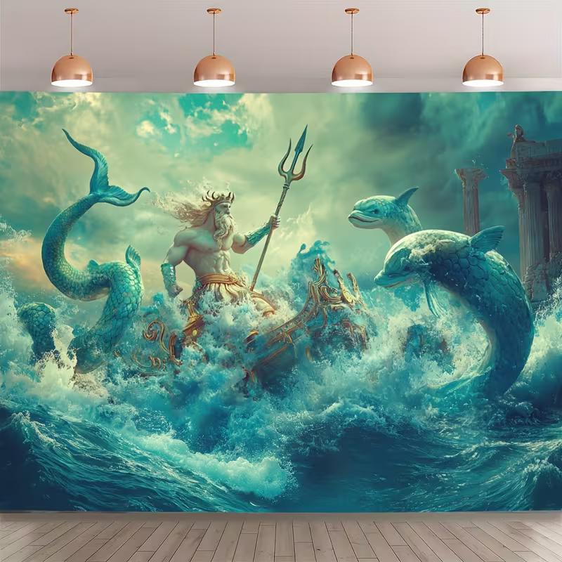 2D Poseidon Sea God Backdrop for Mythology Theme Portrait & Cosplay Photoshoot 47.2x31.5inch/120*80cm