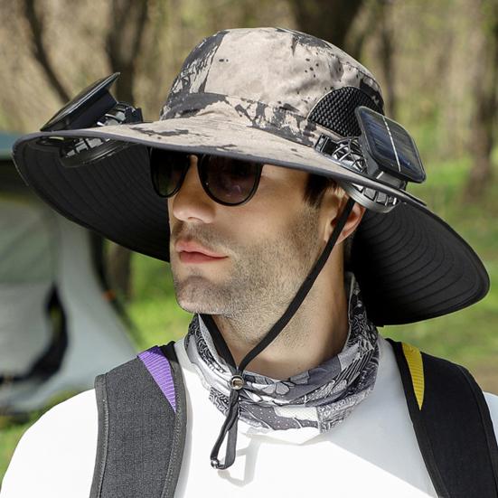 1 Set Outdoor Sun Hat with 2 Fan Large Brim Windproof Strap Solar or USB Charging Anti-UV Sun Protection Great Breathability Outdoor Fishing Camping