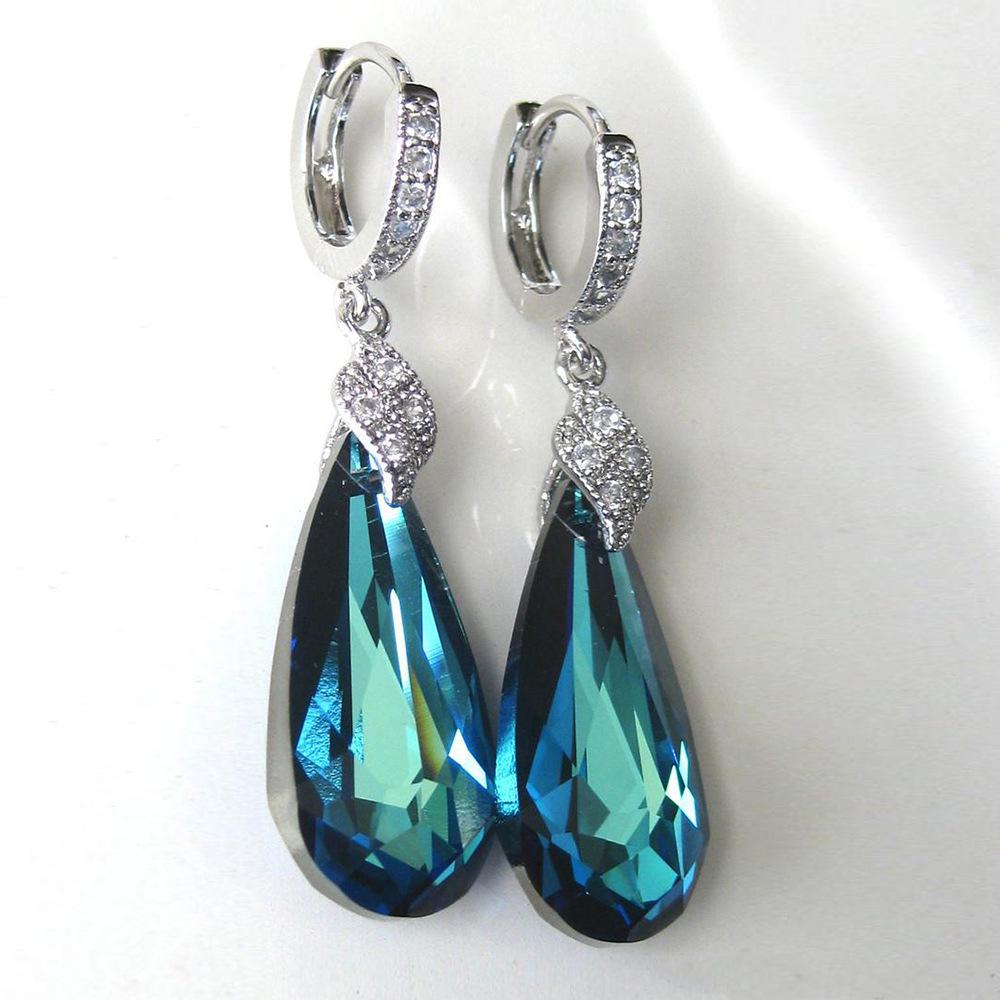 Huitan Retro Long Blue-Green Zirconia Water Drop Earrings