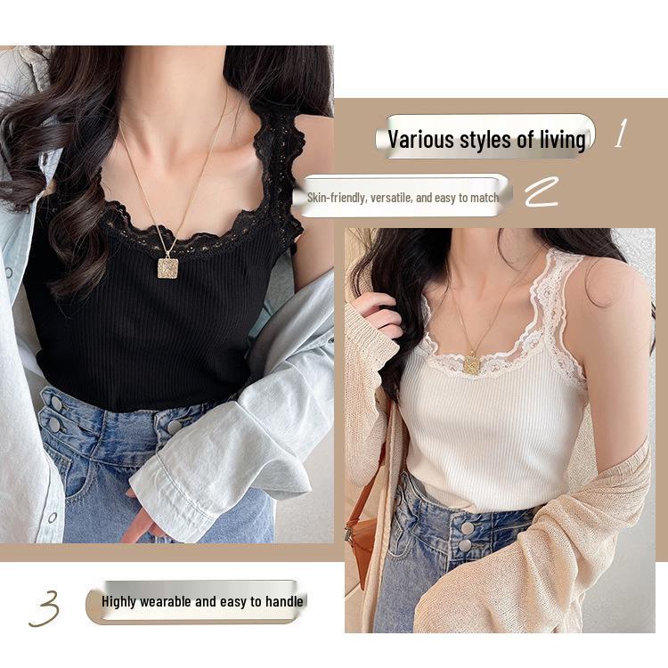 Korean Style Lace Trim Slim-Fit Camisole for Women - Sleeveless Base Layer Top