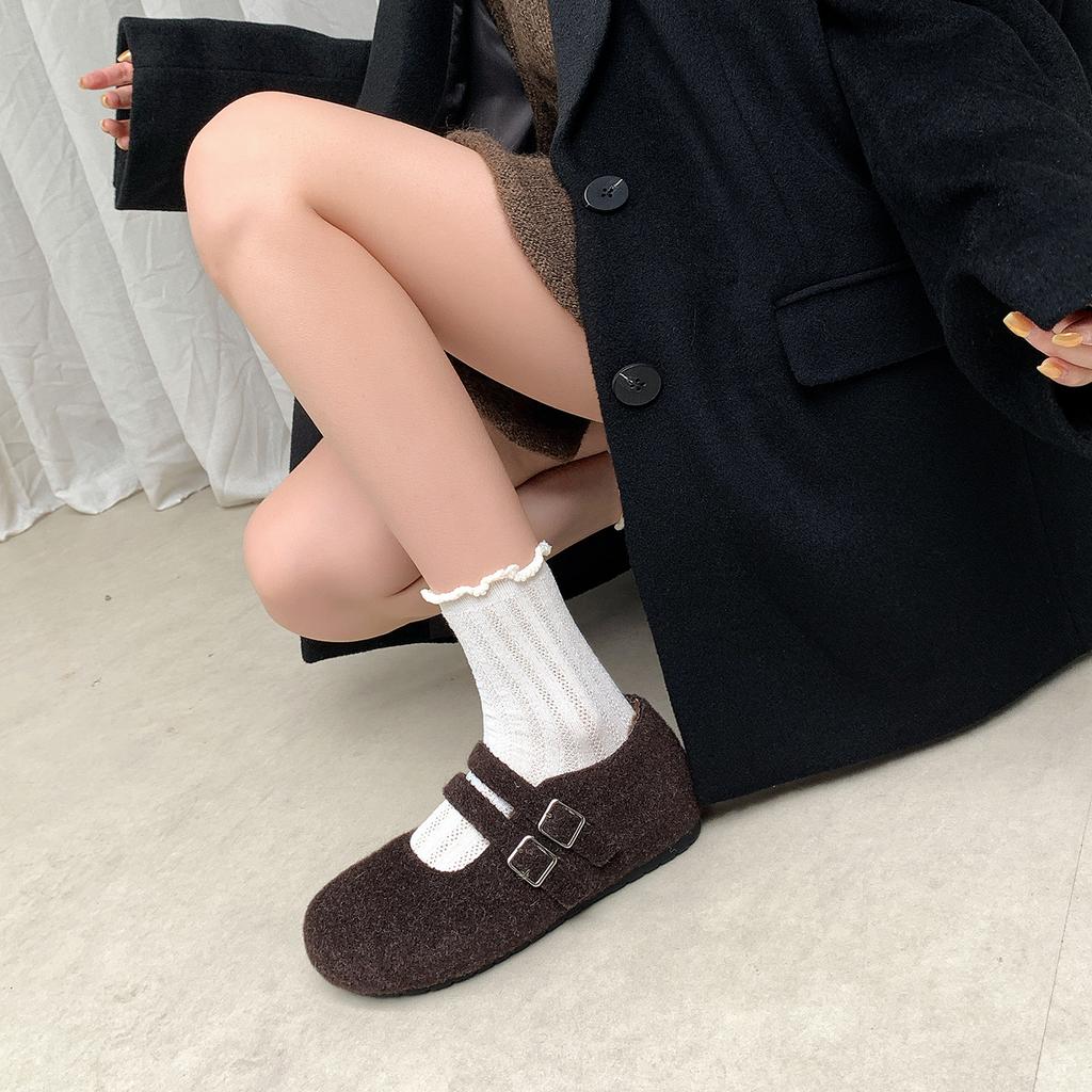 Wełniana wersja retro dwurzędowe wełniane płaskie buty Mary Jane damskie pojedyncze buty zimowe pluszowe ciepłe bawełniane buty puszyste buty