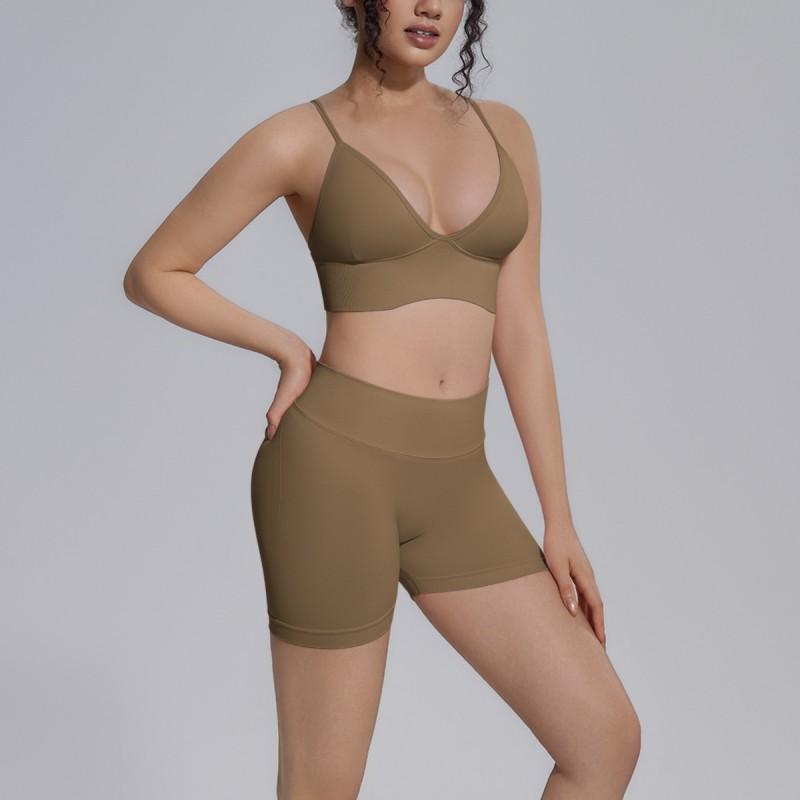 Seamless Yoga Workout Set Zip Jacket Sports Bra V-Waist Shorts Leggings Gym Fitness Outfit