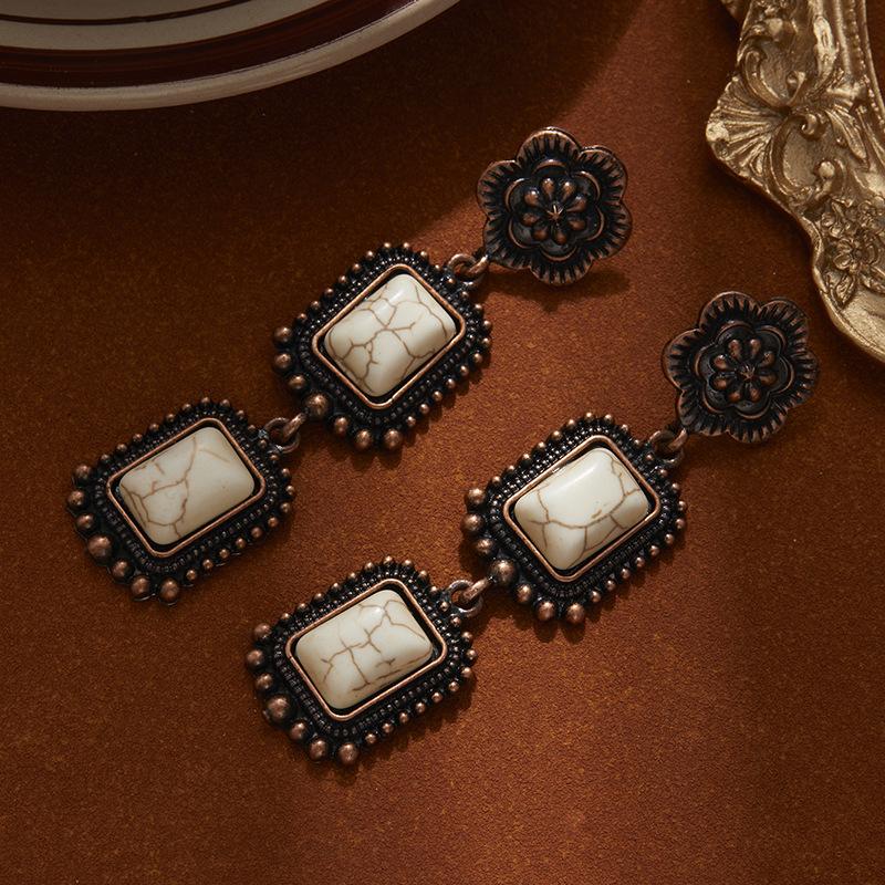 Flower Square Turquoise Earrings, High-End Retro Ethnic Style Earrings, Women'S Bohemian Style Earrings.