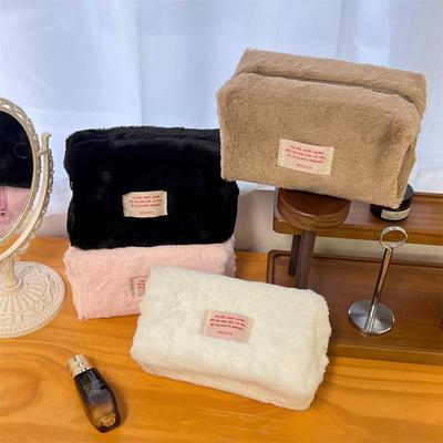 Korean Style Plush Cosmetic Bag - Large, Portable, Simple Design for Skincare and Toiletries