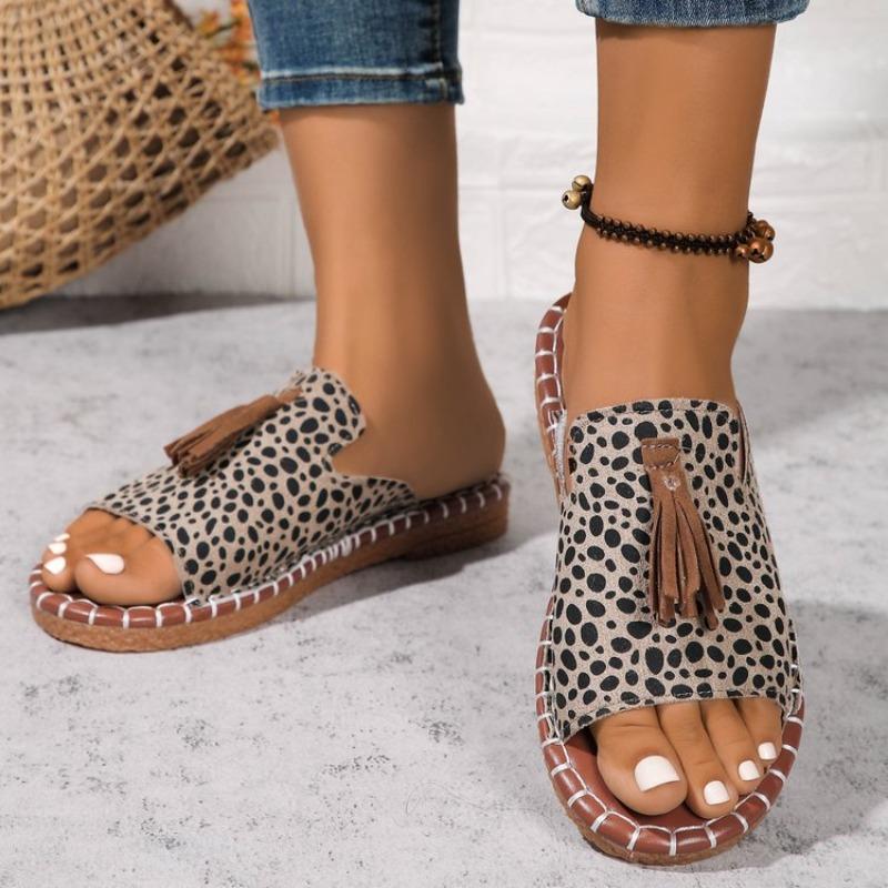 Women's Plus Size Peep Toe Tassel Flat Sandals, Casual Summer Slide Shoes