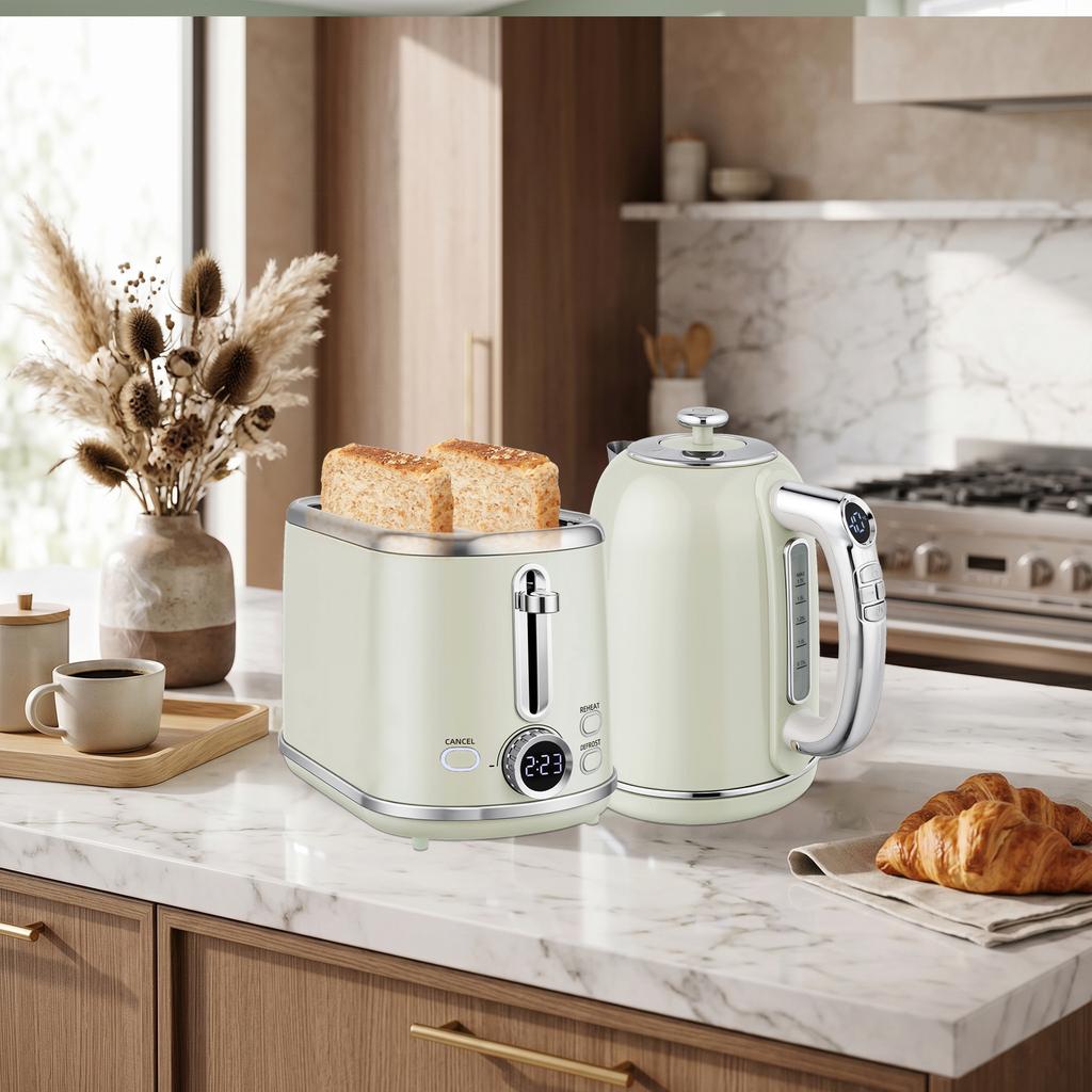 Kettle and Toaster Set, 1.7 L Kettle 2200 W, 2-Slice Toaster, Grey