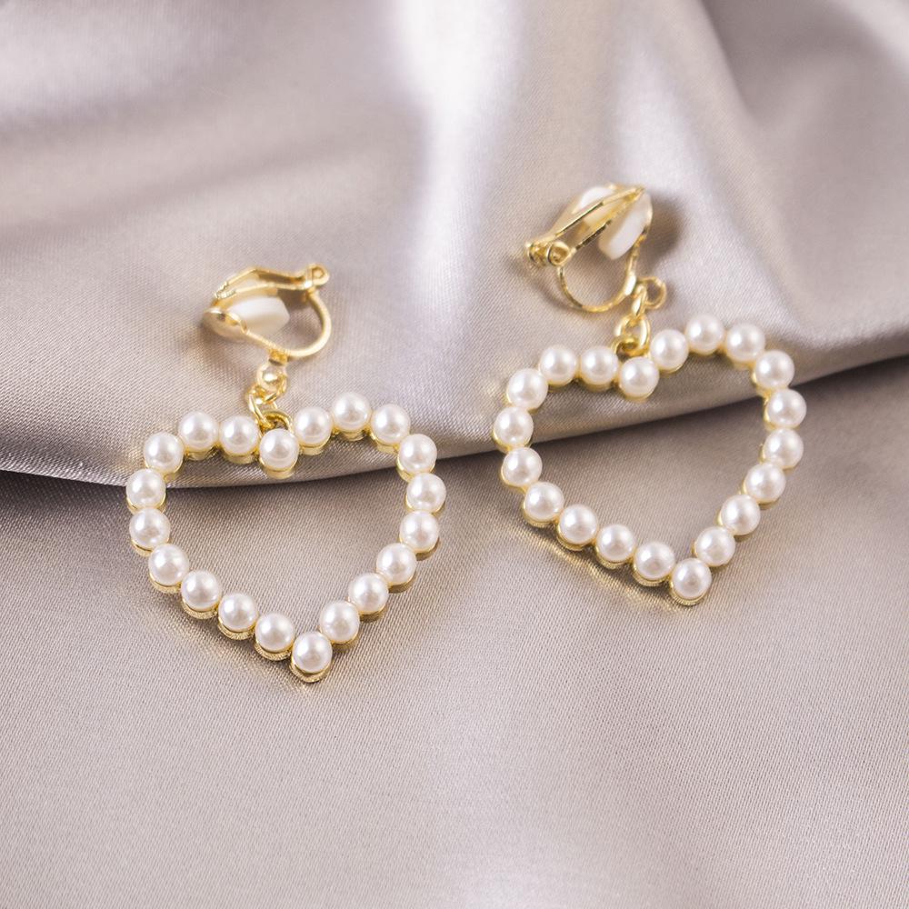 Elegant Pearl Heart and Triangle Ear Clips - No Piercing Needed, Trendy and Versatile Earrings for Women