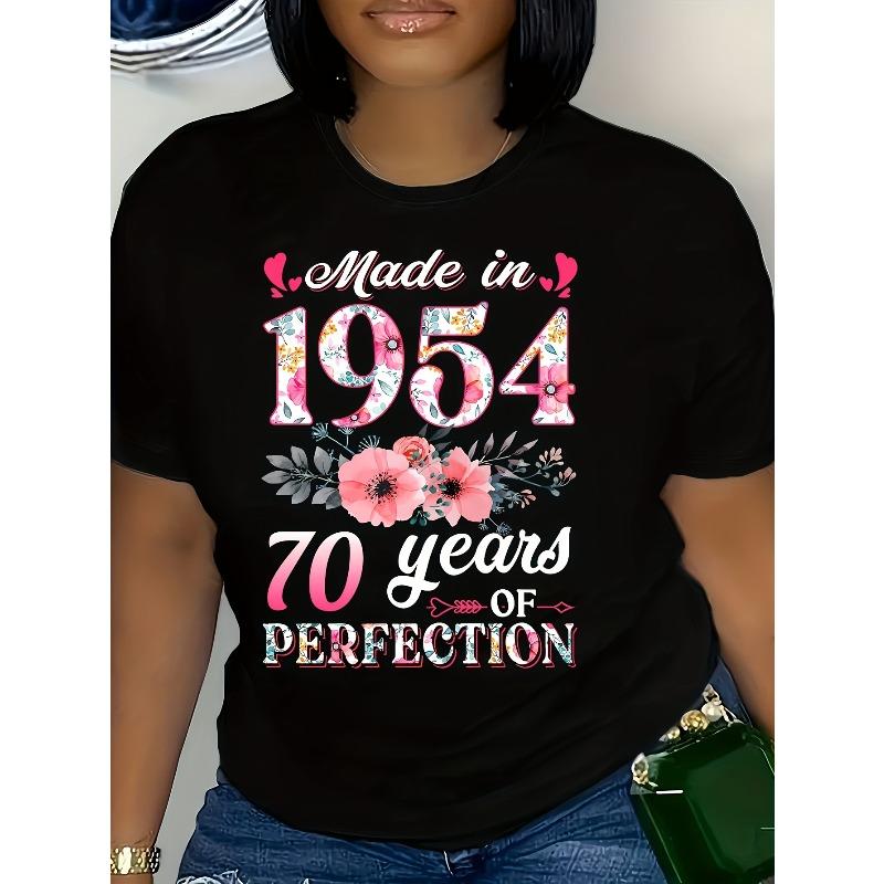 

Womens Vintage 1954 Floral Mushroom Graphic Tee 70 Years of Perfection Slogan Y2K Style Crew Neck Short Sleeve Lightweight Black White Print Medium 4XL чорний