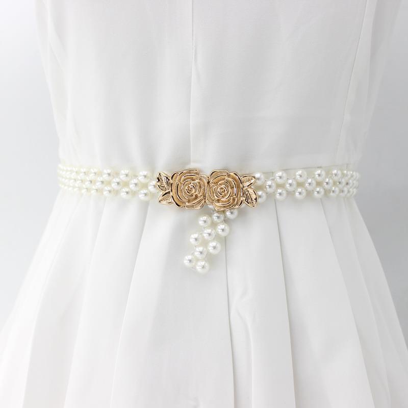 Korean Version of Women's Rhinestone Pearl Waist Chain Fashion Dress Decorative Elastic Waist Belt Women's Sweet Flower Elastic Waist Seal