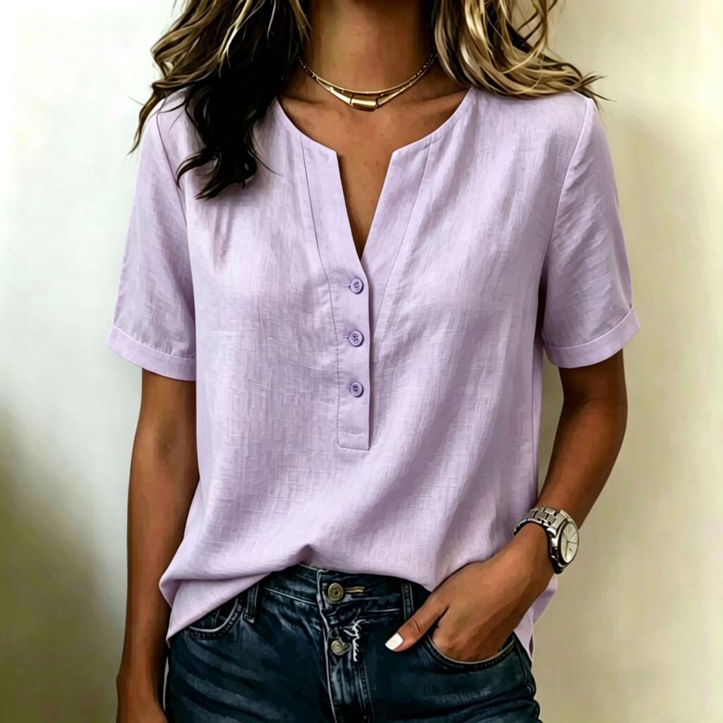Women's Casual Pullover Short Sleeve Top V Neck Button Front Lightweight Blouse Loose Fit Summer Shirt
