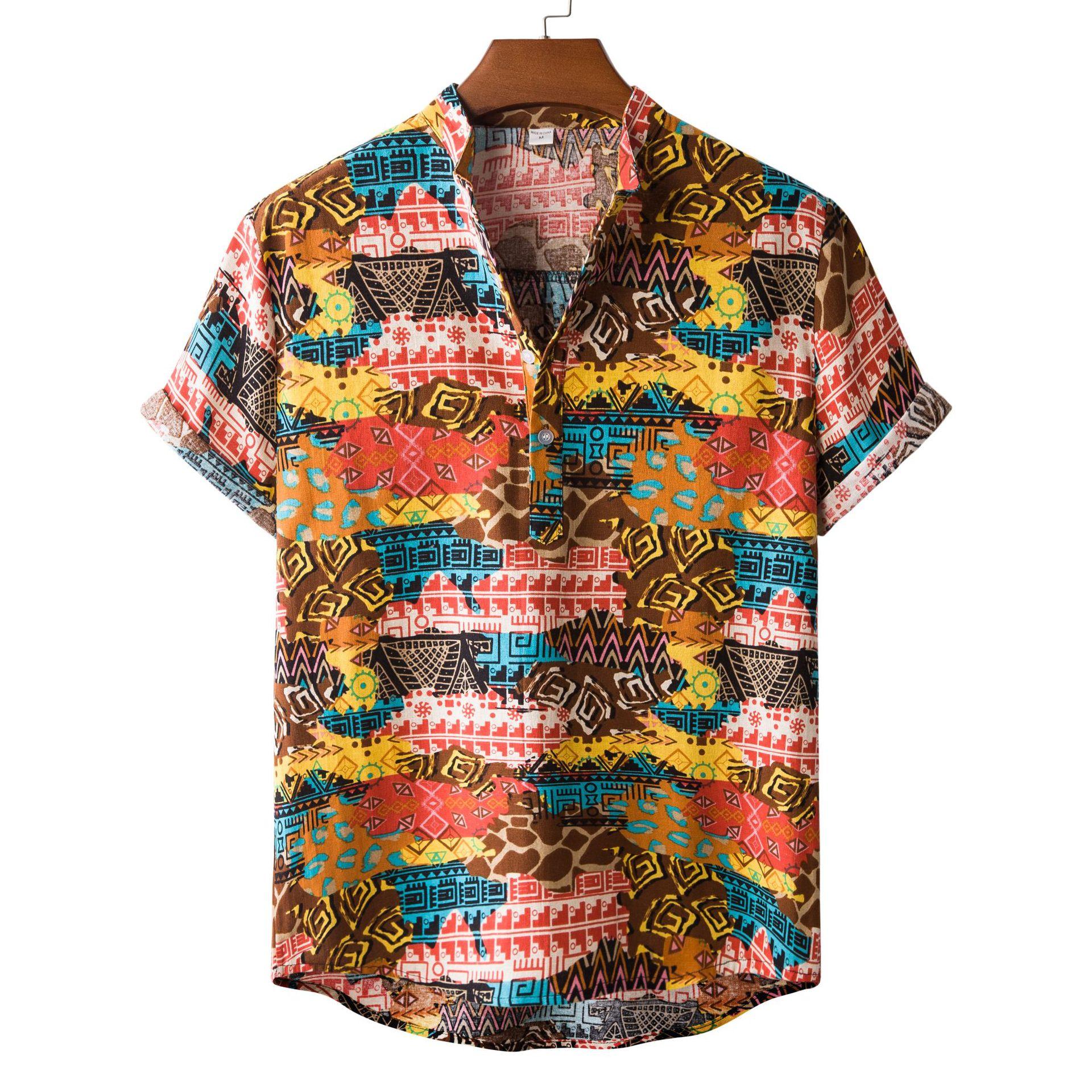Men Hawaiian Ethnic Print Short Sleeve Button Down Casual Summer Beach Shirt M красный
