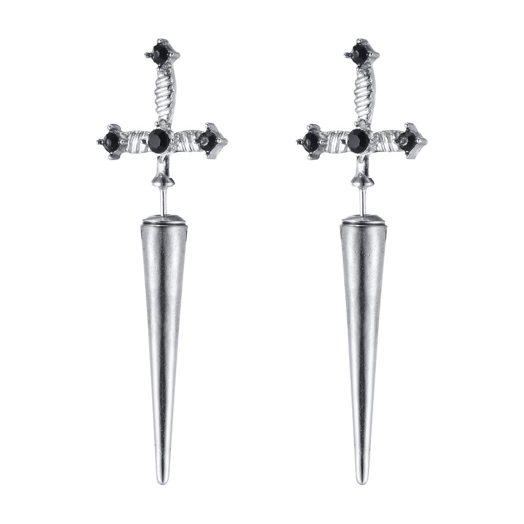 Gothic Sword Shaped Earrings for Men Boys,Metal Black Stone Cross Studs Earrings,Rock Punk Zircon Anniversary Birthday Gifts