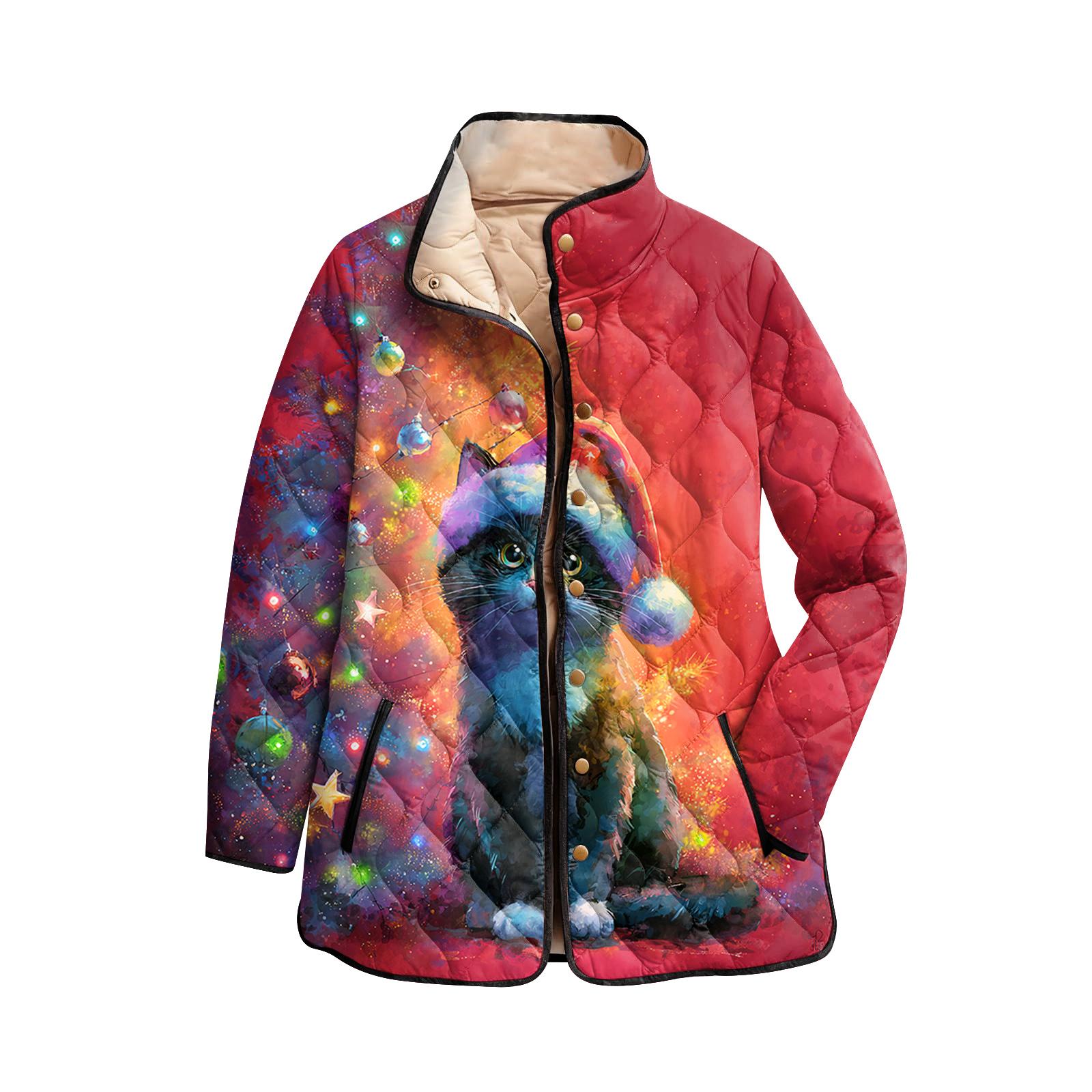 

Женское хлопковое пальто на пуговицах с высоким воротником, рождественским принтом, с подкладкой и длинными рукавами XL красный