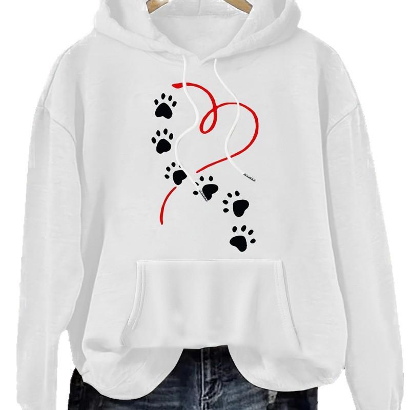 Women's Heart & Paw Print Casual Hoodie - Cozy Polyester Pullover