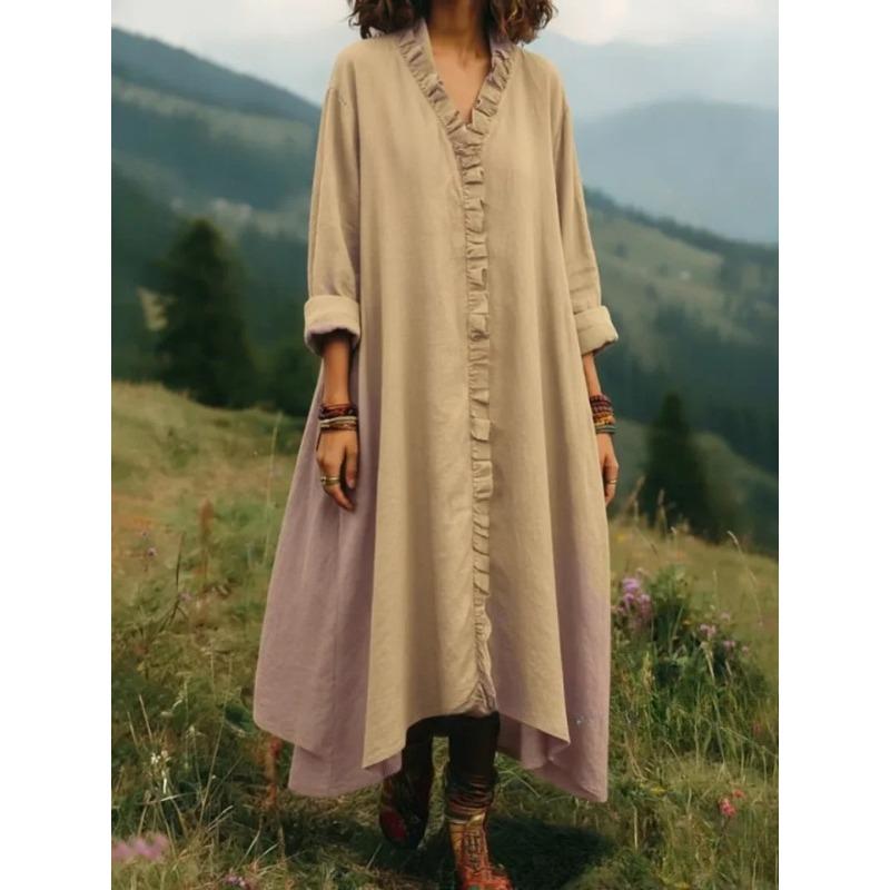 TIFICY Women's Fashion Spring Fall Solid Color Print Long Sleeve V-Neck Loose Waistline Casual Dresses