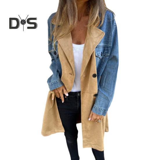 Dámské Jaro Podzim Kabát Džínová bunda Kabát Patchwork Dvouřadý s kapsami s klopou Colorblock Dámský kabát střední délky