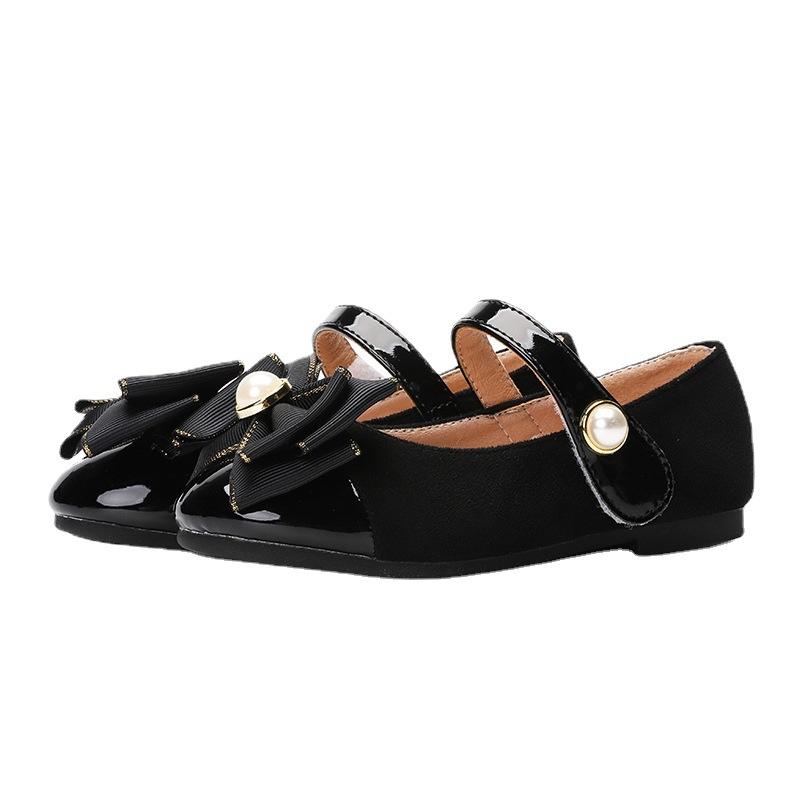 2024 Autumn Girls Shoes Sweet Pearl Princess Casual Leather Shoes Shallow Mary Janes Soft Black Bow Kids Shoes Dress Party Flats