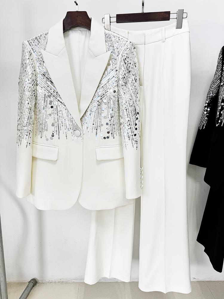 Skladem 2025 Evropská a americká celebrita Móda Korálkový flitrovaný vyšívaný oblek a kalhoty set