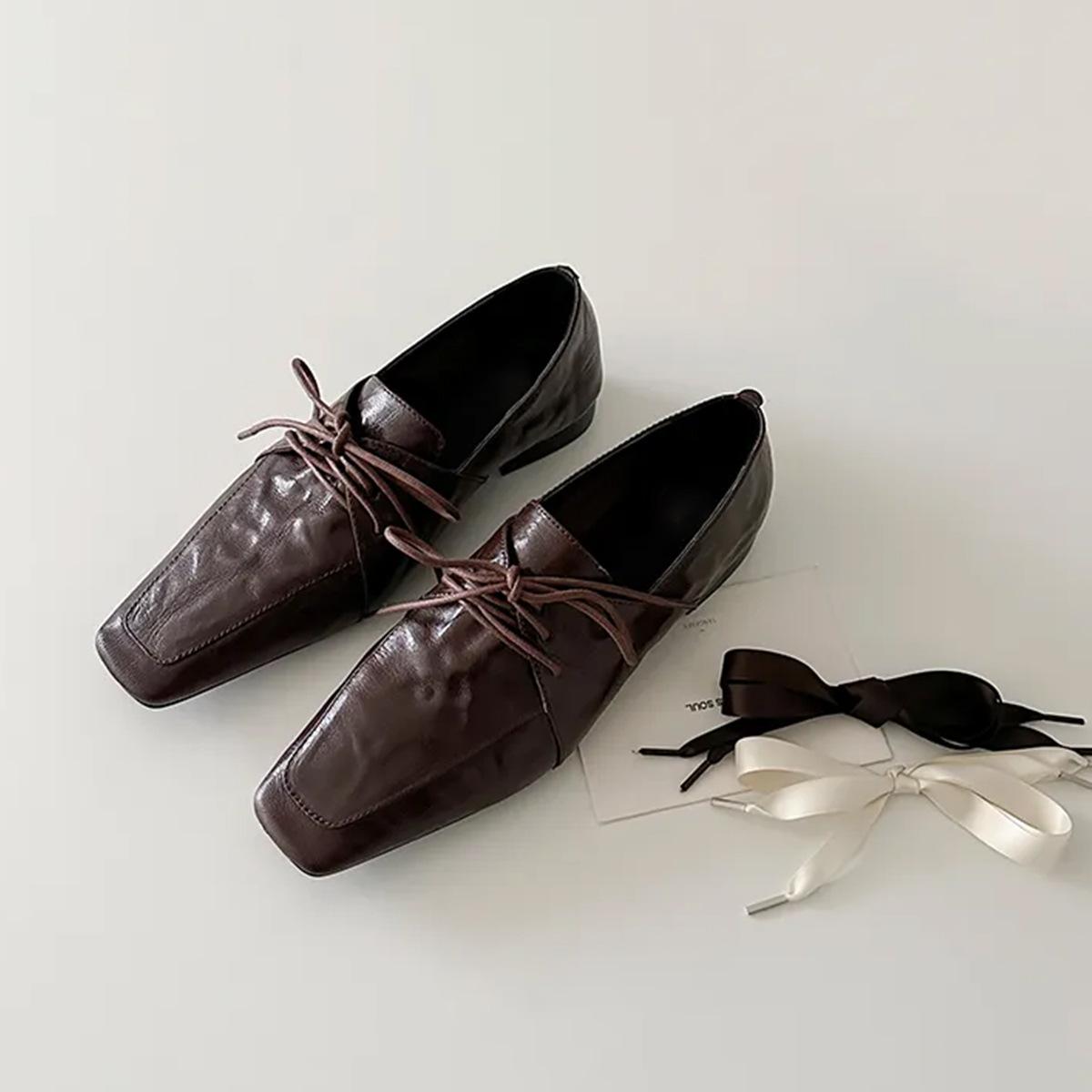 

Версия из коровьей кожи~ лоферы на шнуровке с квадратным носком, женские туфли-балетки с бантом на одной педали, на низком каблуке, маленькие кожаные туфли 40