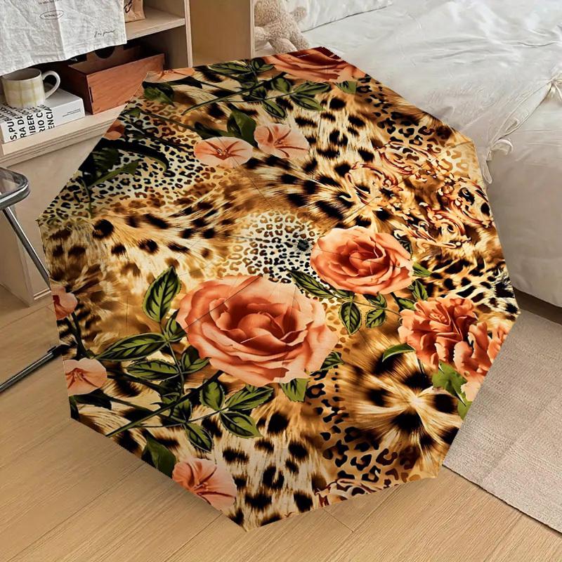 1 Stück Leopardenmuster Blumen Schirm - 8 Rippen verstärkt Tragbar Faltbar Reise Geeignet für alle Jahreszeiten Outdoor Tägliche Nutzung -J0417