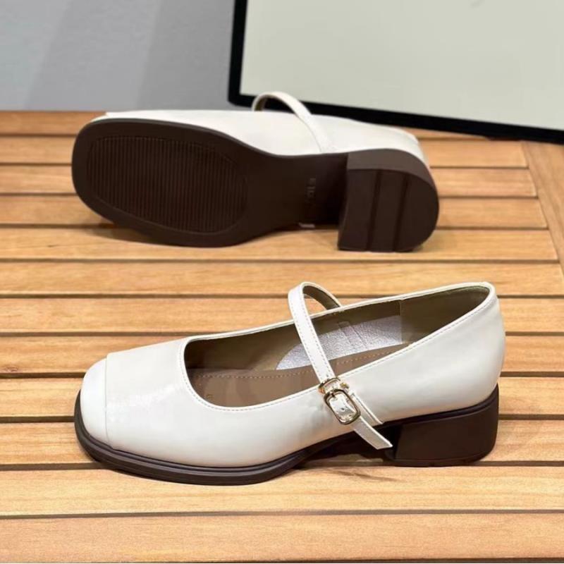 Middle Heel Shallow Mouth Single Shoes Women's 2025 New Spring and Autumn Square Head Thick Heel Small Leather Shoes Spring Soft Leather Mary Ja