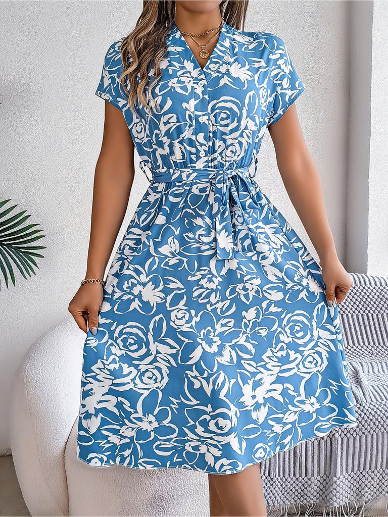 Kleid mit V-Ausschnitt, bedrucktem Knopf, taillenbetontes, elegantes, strähniges Selvedge-Kleid für Damen mit Fledermausärmeln, lockere Kleider, lässiges Kleid