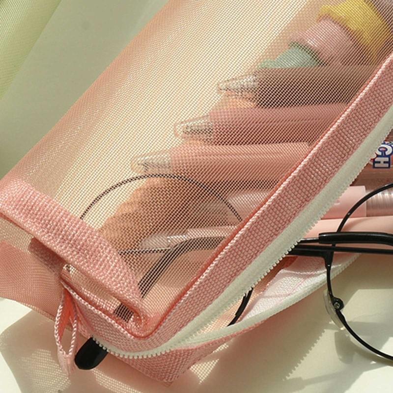 Cute Transparent Pencil for Case Mesh Makeup Storage Holder Pouch Solid Color for Travel Cosmetics Stationery Small Craf