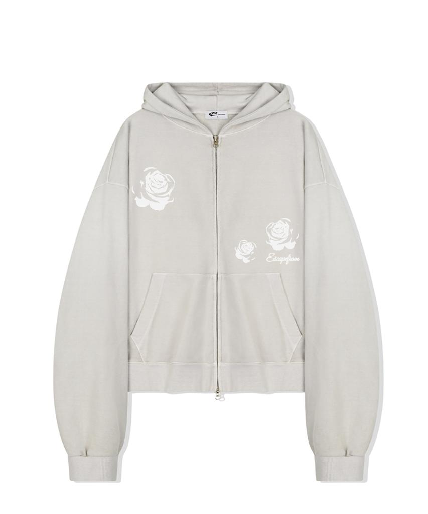 Escapefrom Rose Stamp Print Two-Way Pigment Zip-Up Hoodie Sand Beige