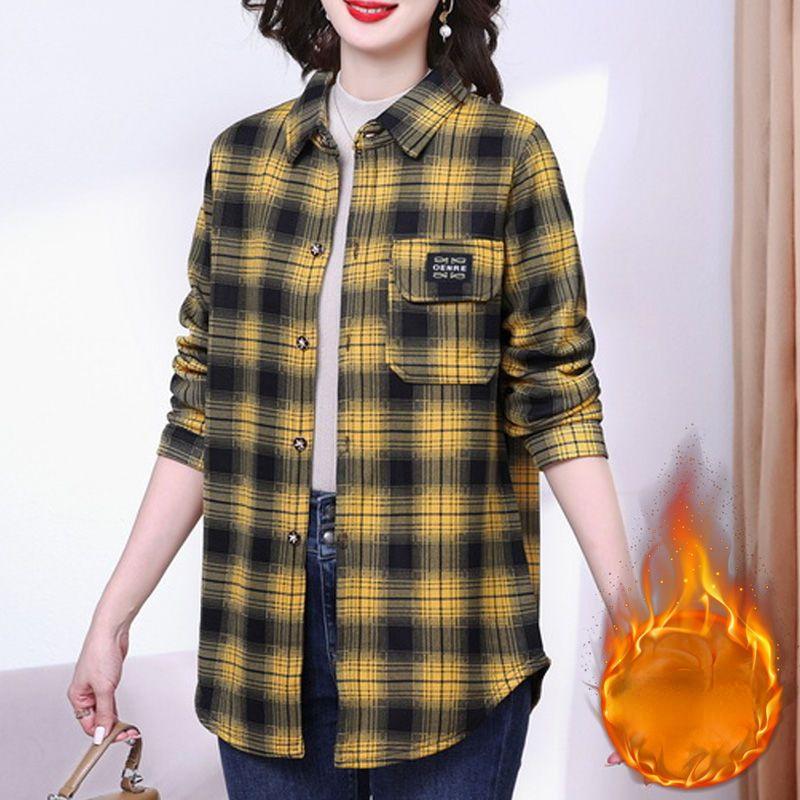 Women's Plus Size Thickened Warm Plaid Shirt Large Size Stand-up Warm Shirt