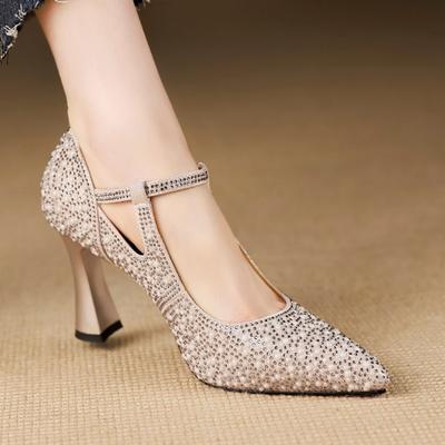 Scarpe a punta con strass da donna, nuove per primavera e autunno, con fibbia a una parola, scollatura bassa, scarpe cheongsam, scarpe da sposa, tacchi alti da donna
