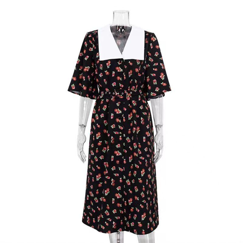 

Fashion Style Print Short Sleeve Doll Collar Belt Dress Short Sleeve Sleeve Doll Neck Dress Black L
