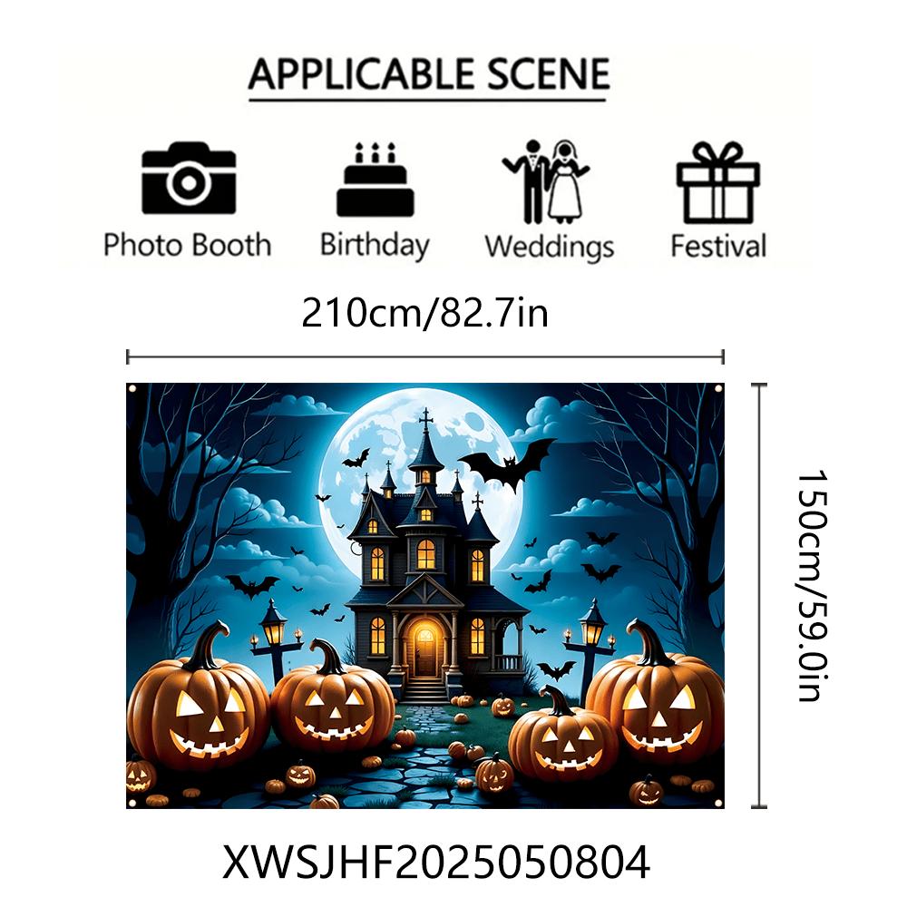 One Halloween party banner featuring designs of terrifying haunted houses pumpkins bats and full moons.