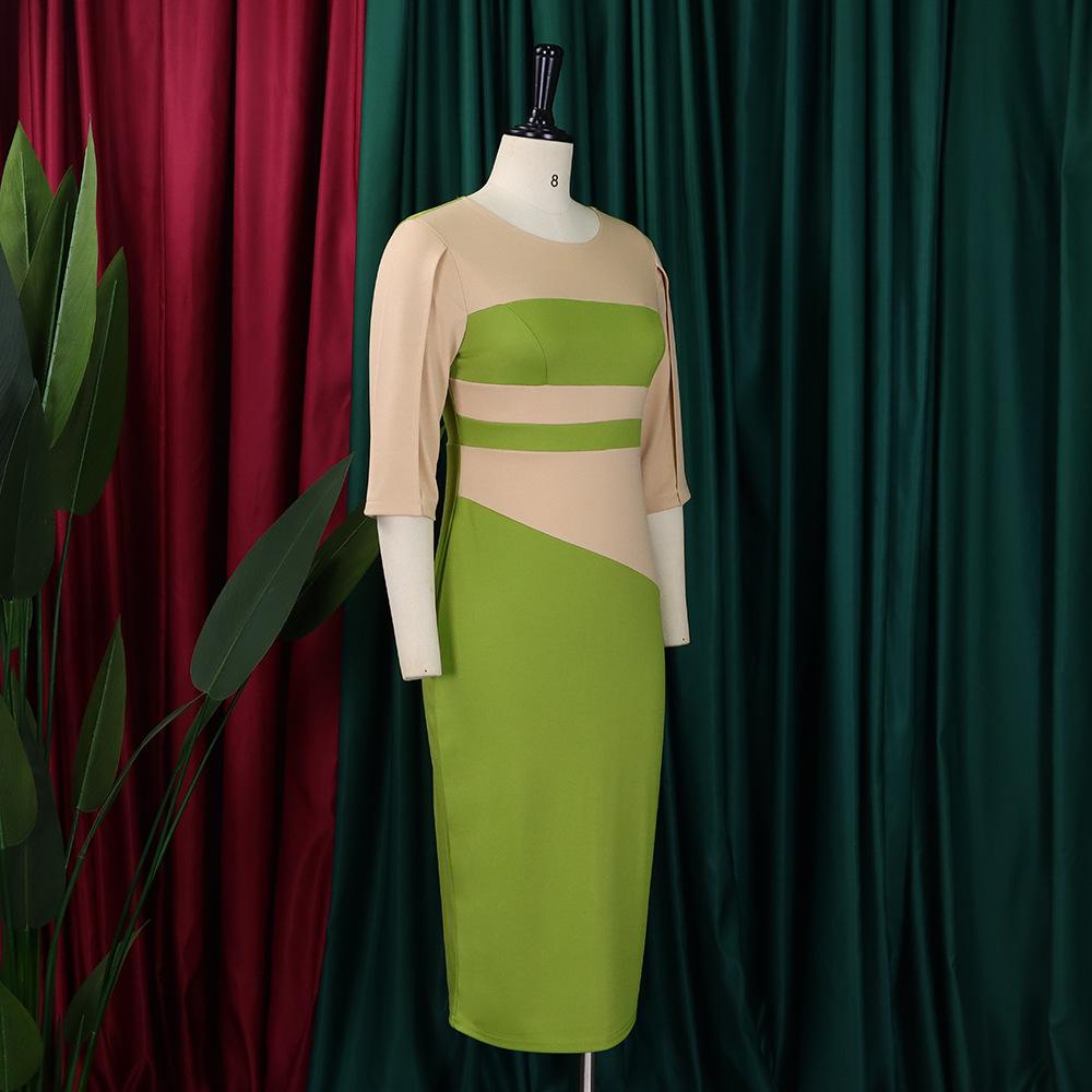 Large Size Women Spring Autumn Fashion Patchwork Dress Ladies One Piece Medium Sleeves Slit Sheath Dress