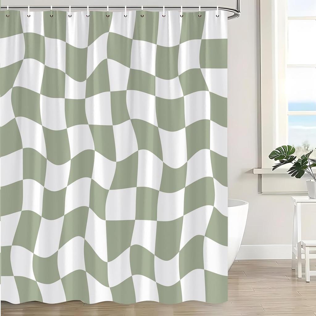 Retro Checkered Shower Curtain Sage Green and White Cute Checkerboard Geometric Vintage 60s 70s Abstract Aesthetic Modern Decor Bathroom Curtain Set