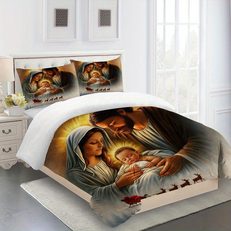 Set of 3 Nativity Scene Featuring The Holy Family, Christmas-Themed Duvet Cover And Pillowcase, with a Radiant Design
