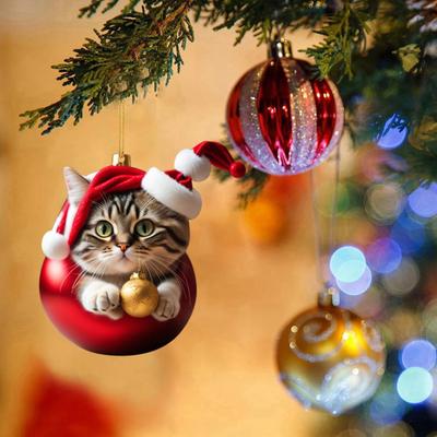 Weihnachts-Katzen-Ornamente, Acryl-Katzen mit Weihnachtsmannmütze-Anhänger, süßes Cartoon-Katzen-Ball-Ornament, 2D-flaches Kätzchen, Weihnachtsbaum-Hängedekor für Autofenstertasche