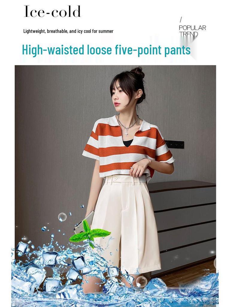 Women's High-Waist Black Bermuda Shorts: Summer, Loose, Straight-Leg, Slimming A-Line, Hong Kong Style.