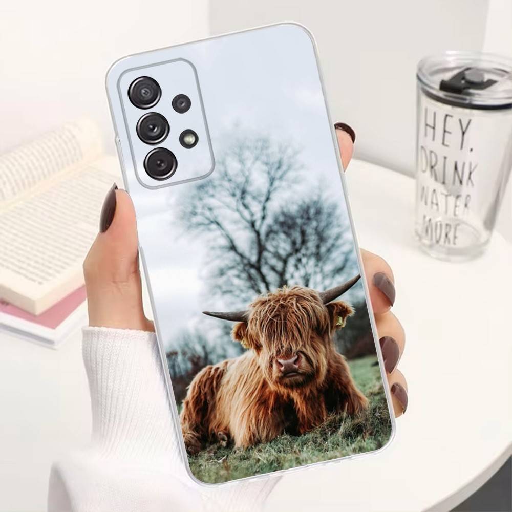 Cute Highland Cow Phone Case For Samsung A51,71,30,S21,10,20,Ultra,FE,Lite, S22,23,9,PIus,Transparent, Silicone