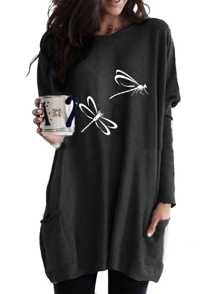 Women's Long Tunic with Pockets Loose Fit Printed Logn Sleeve Top