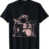 Camiseta engraçada vintage com urso tocando bateria e banda de rock.